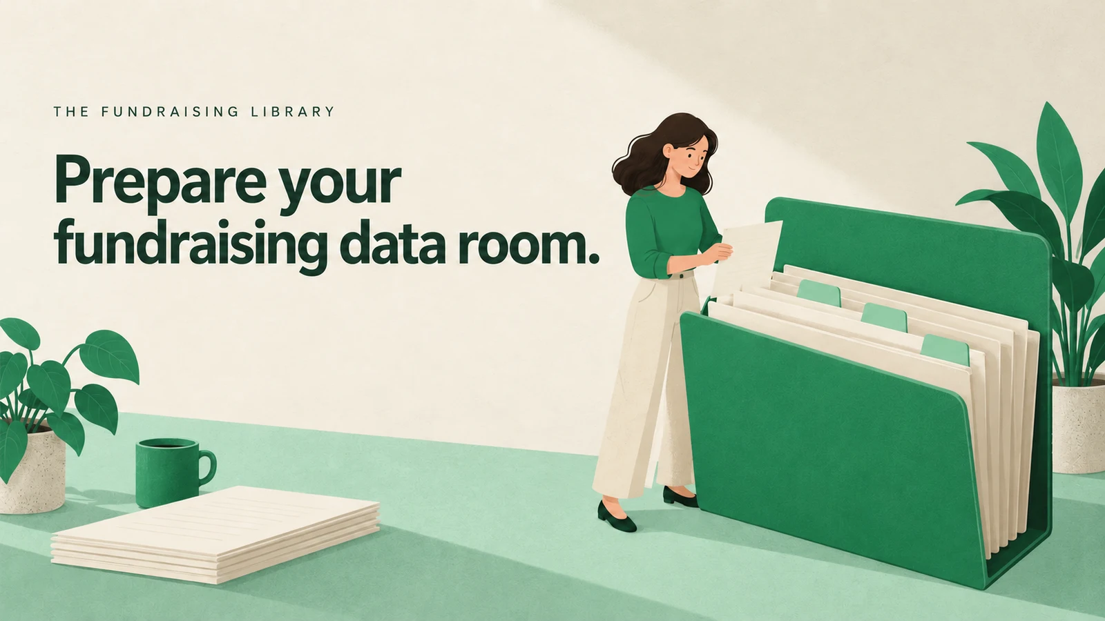 Editorial illustration of a founder organizing paper records in an open green accordion file