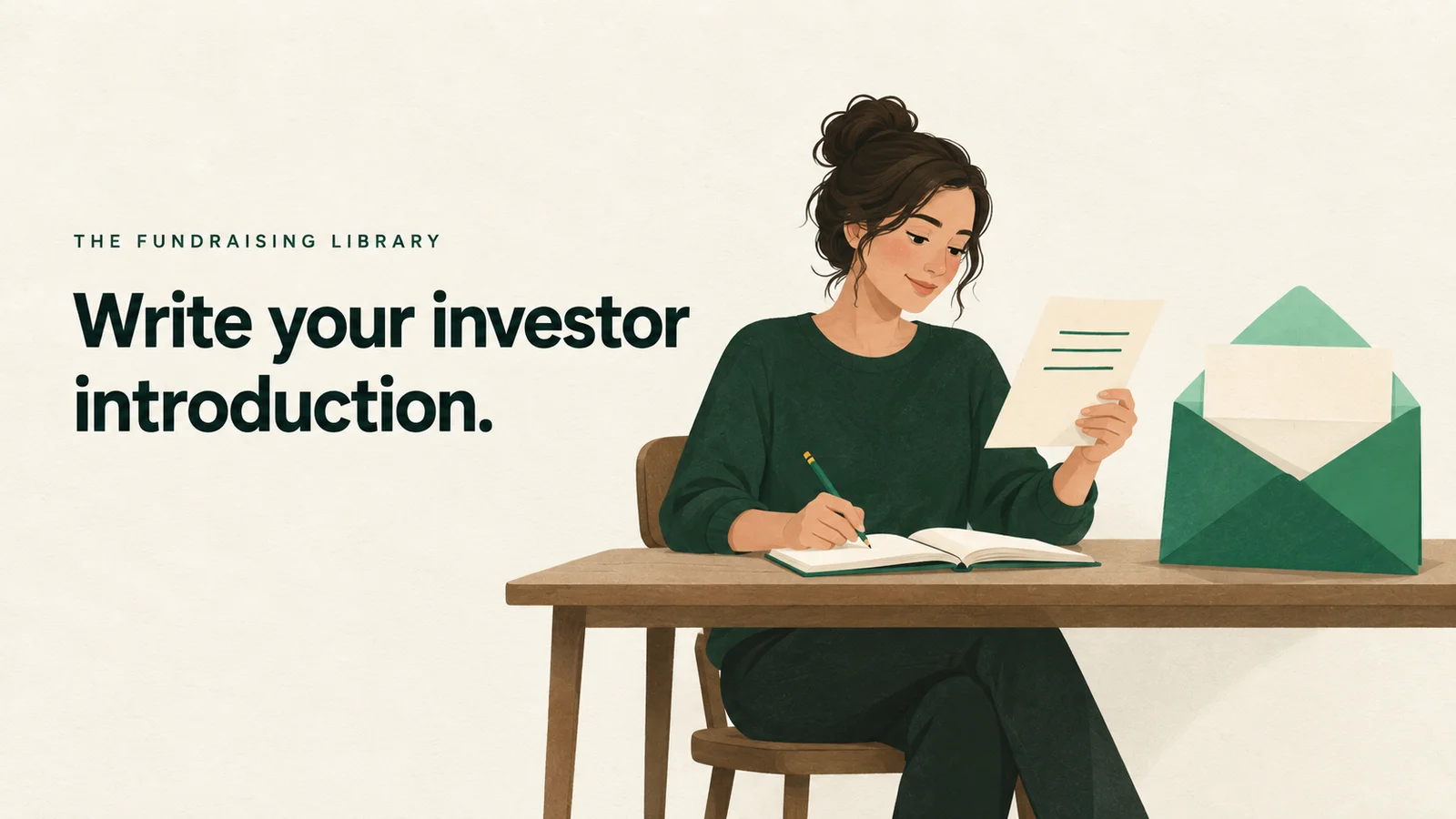 Editorial illustration of a founder reviewing a short introduction letter beside an open envelope