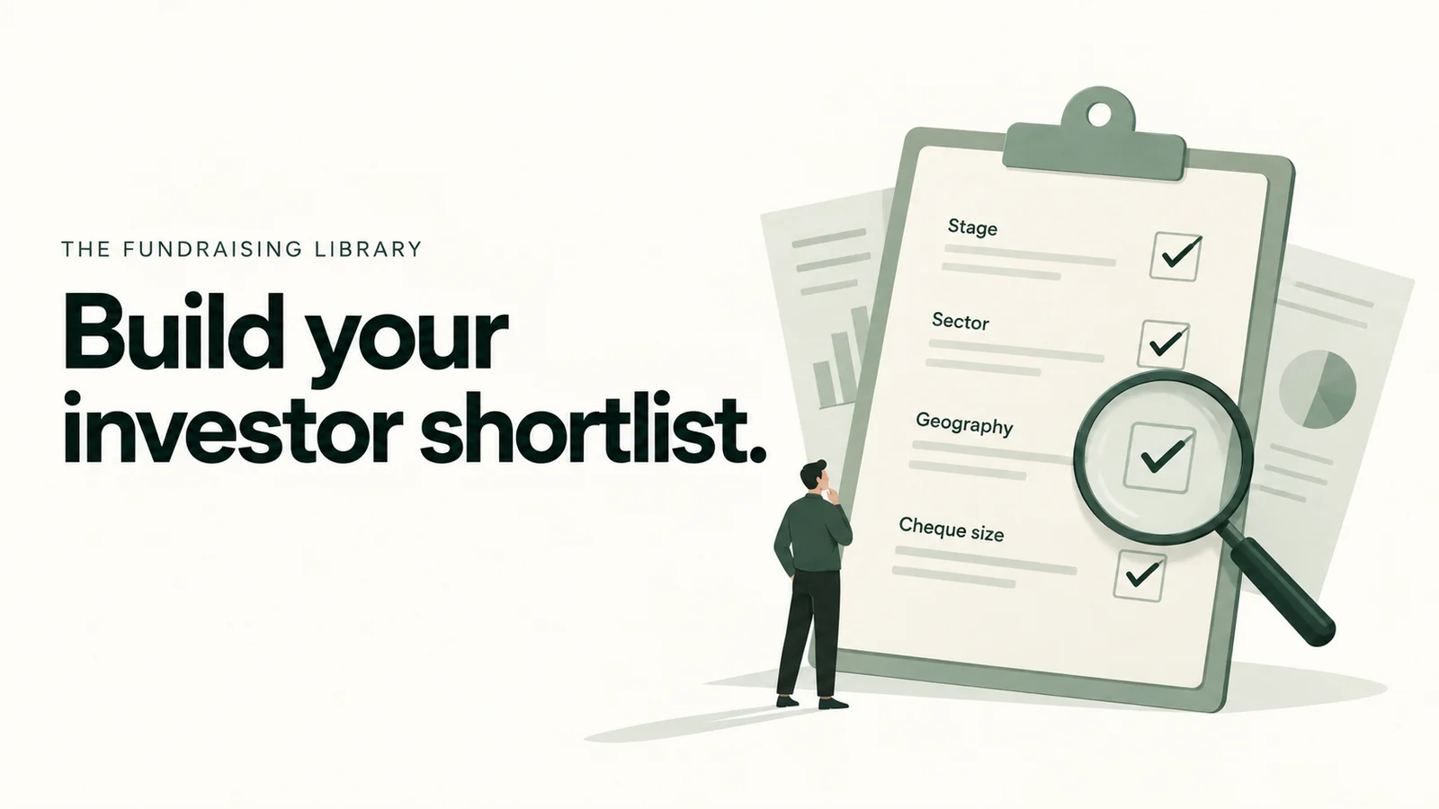 Founder reviewing an investor-fit checklist with a magnifying glass