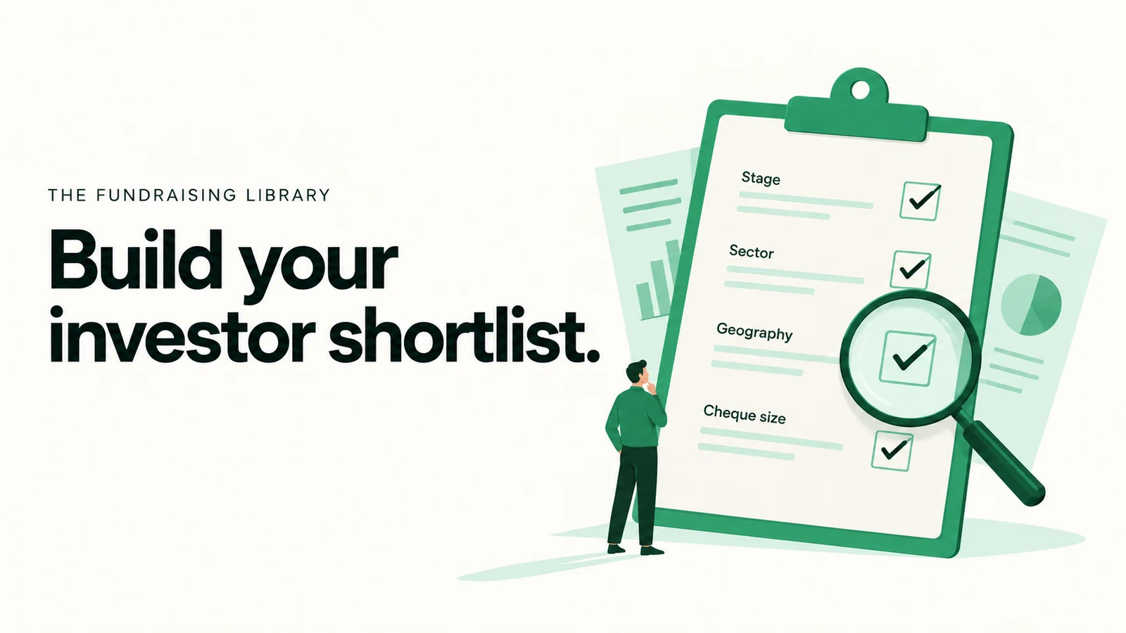 Editorial illustration of a founder reviewing an investor-fit checklist with a magnifying glass