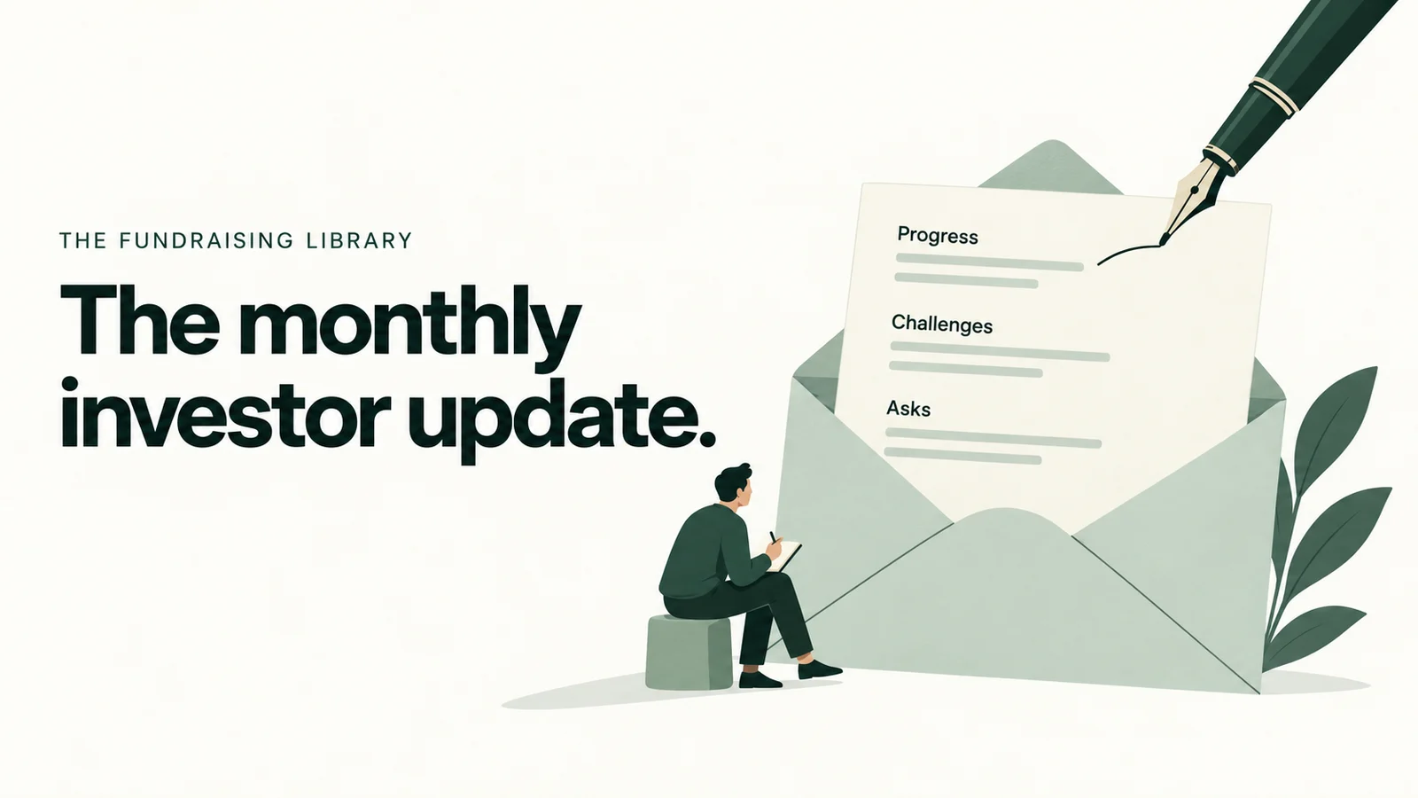 Editorial illustration of a founder writing beside an update letter in an open envelope
