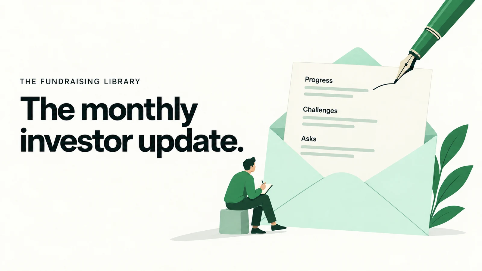 Editorial illustration of a founder writing beside an update letter in an open envelope