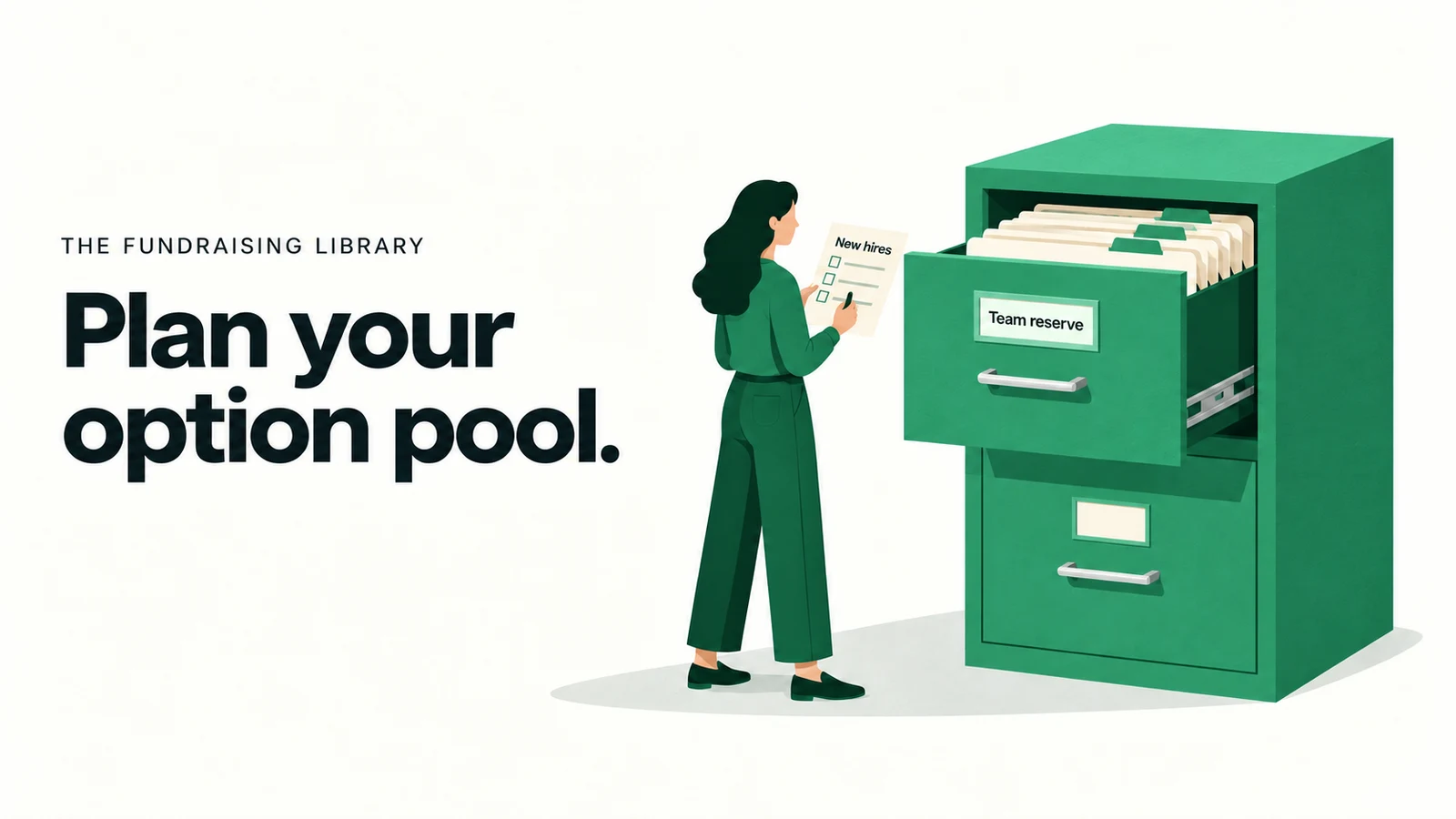 Editorial illustration of a founder planning hires beside a cabinet labelled Team reserve