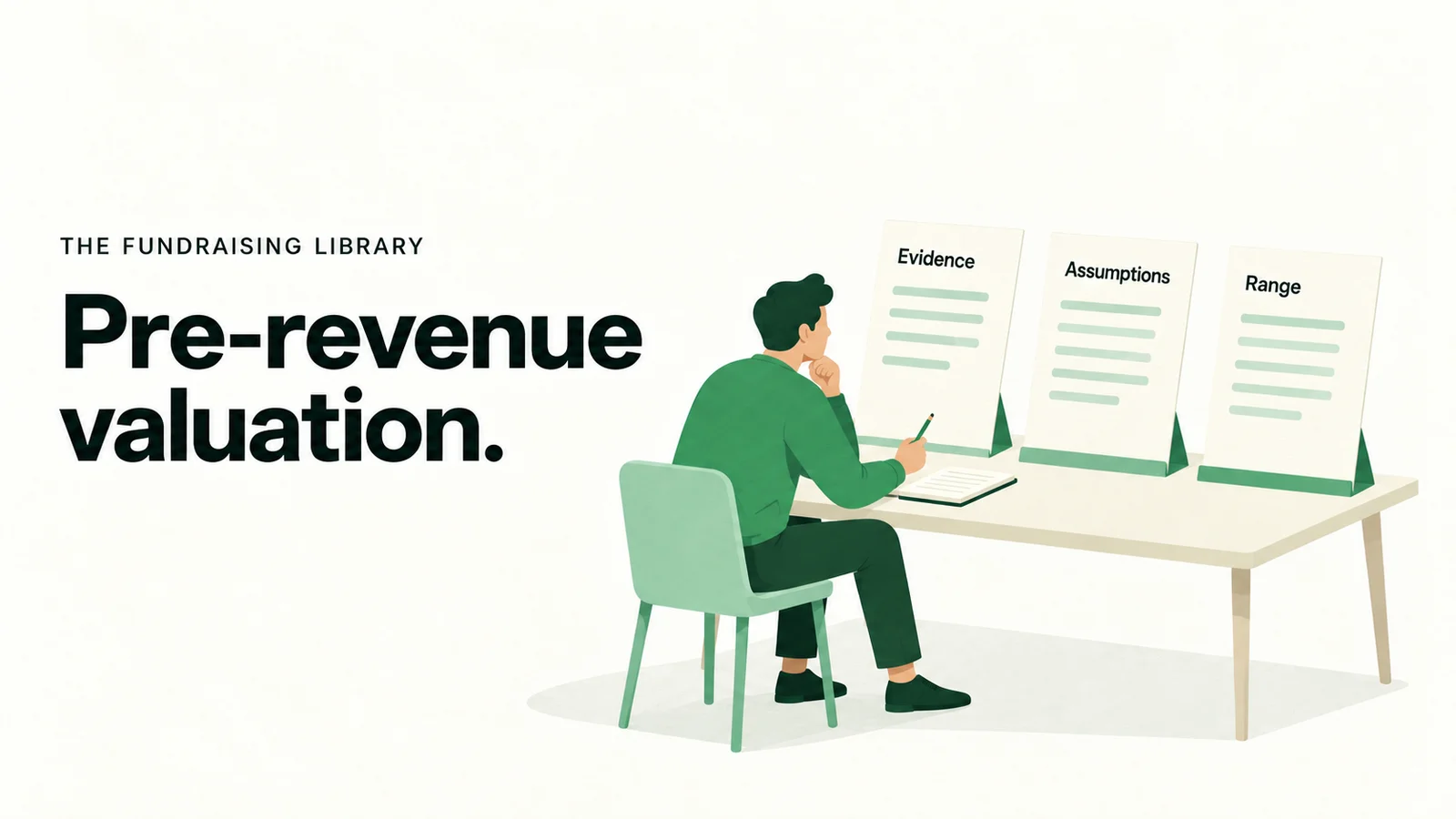 Editorial illustration of a founder comparing evidence, assumptions and a valuation range