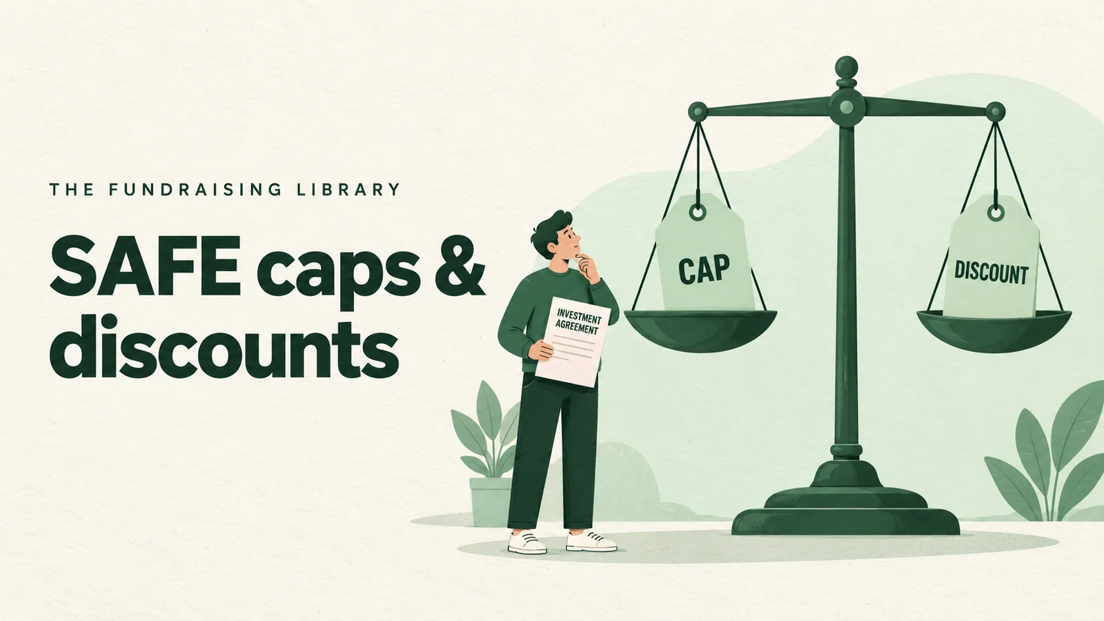 Founder comparing a cap price and a discount price on a balance scale
