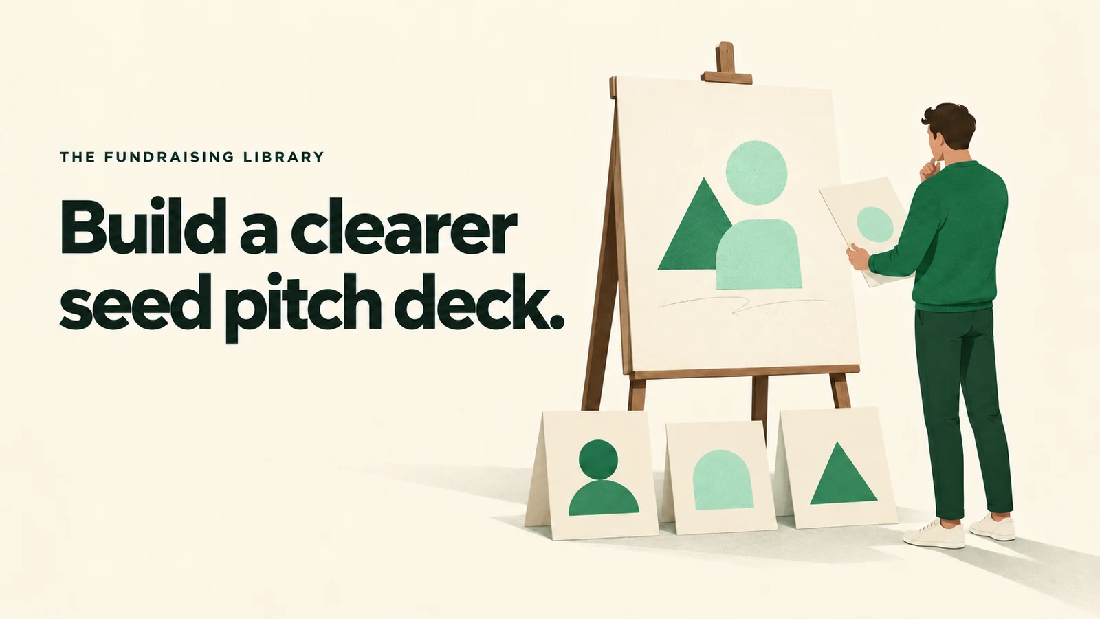 Editorial illustration of a founder reviewing a presentation easel and paper slides