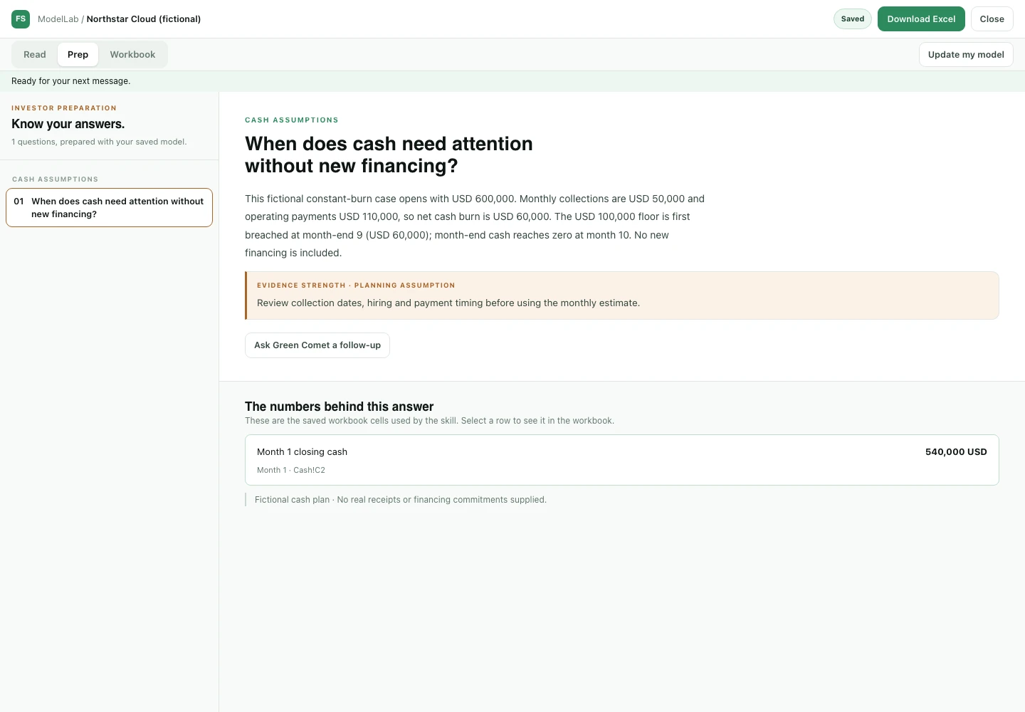 Current ModelLab Prep view with a fictional cash forecast answer and source evidence