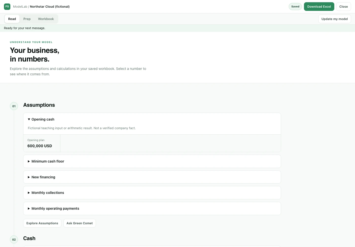 Current ModelLab Read view of a fictional cash plan with opening cash, collections, payments and no financing