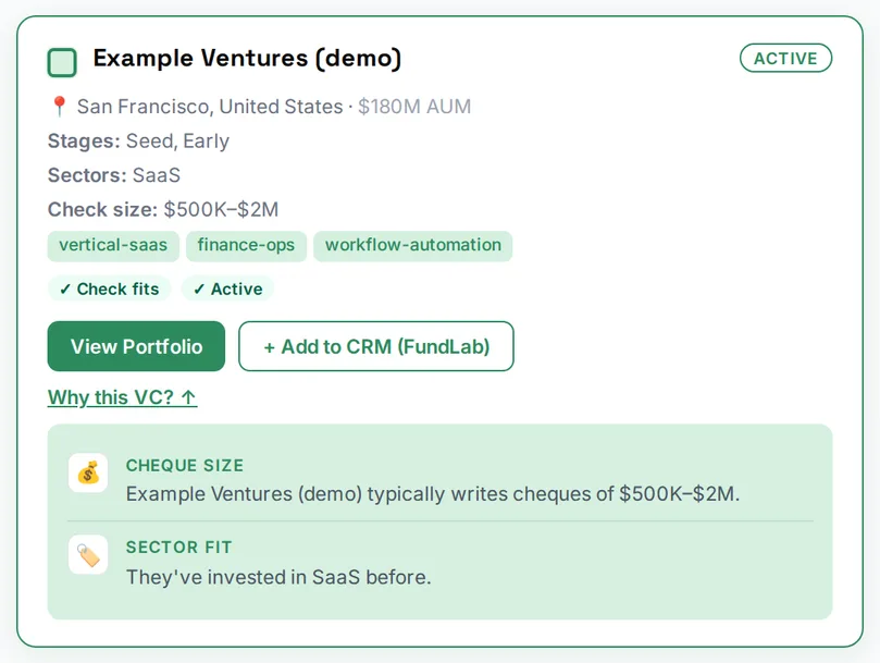 VCLab Why this VC panel for fictional Example Ventures, showing cheque size and sector fit