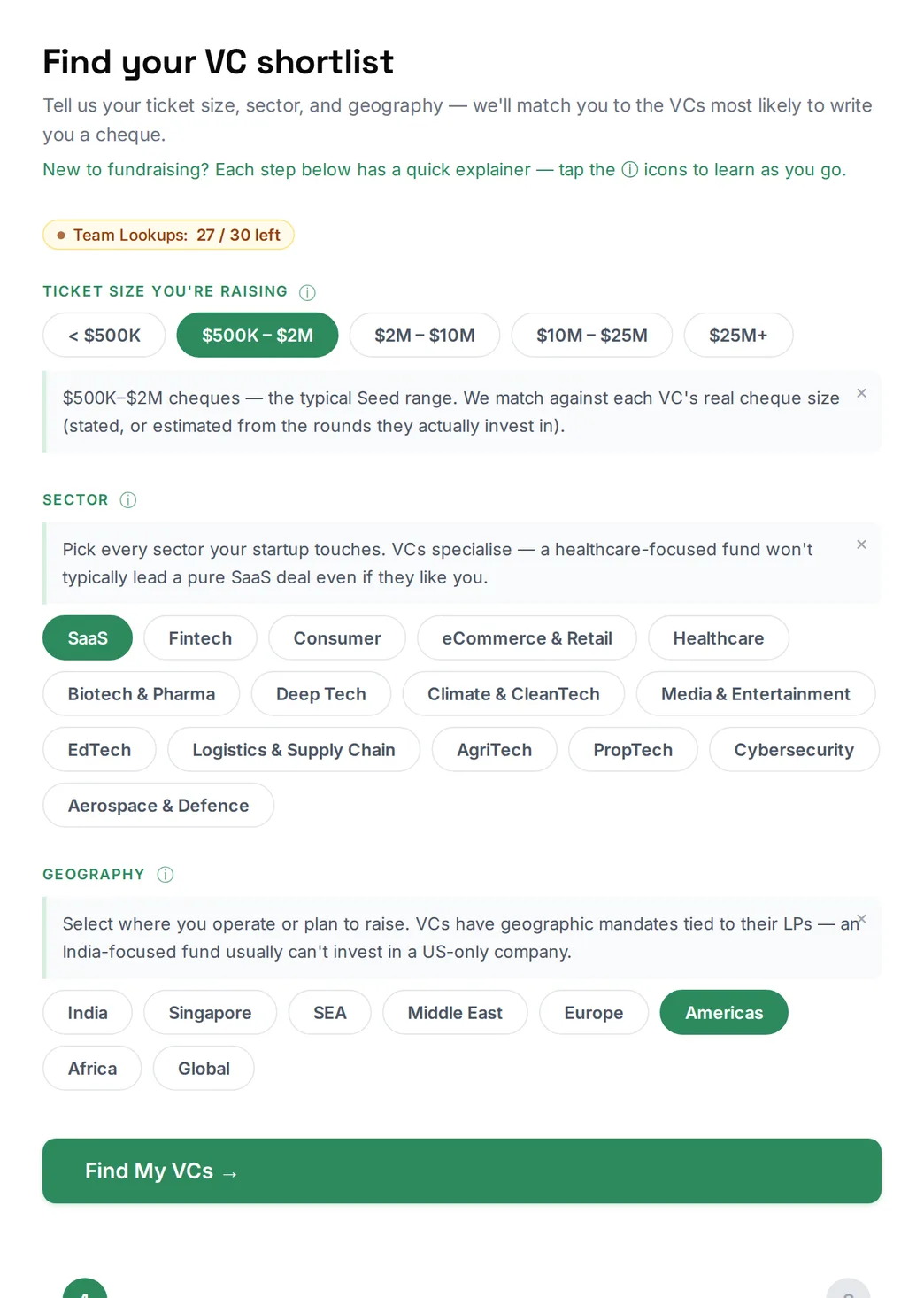 VCLab profile with ticket size, SaaS and Americas selected